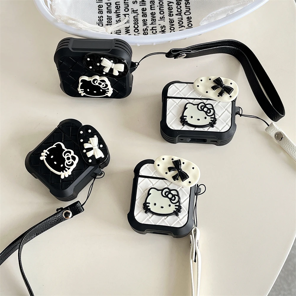 

Fashion Black And White Style Sanrio Hello Kitty Earphone Case for AirPods 1 2 3 4 Pro 2rd With Lanyard Soft Protective Cover