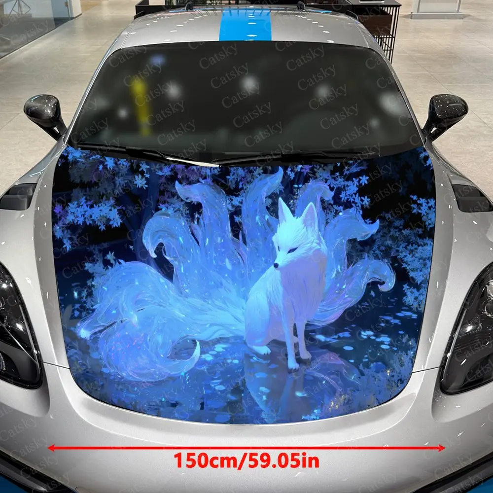 Snow Fox in Cold Stream Blue Light Car Vinyl Wrap, PVC Waterproof Car Hood Sticker, Self-Adhesive Scratch-Resistant Stickers