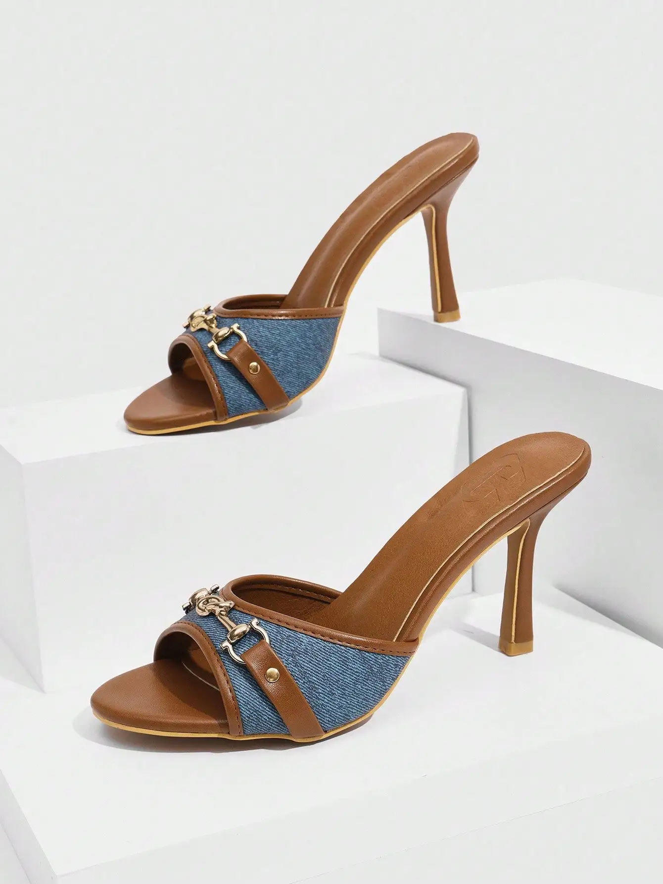 CUCCOO SZL Women's Retro Vintage Style Round Toe Mule High Heel Sandals, Blue & Brown Color Combination, Fashionable & Comfortable Spring Shoes Prom Heels Summer Shoes