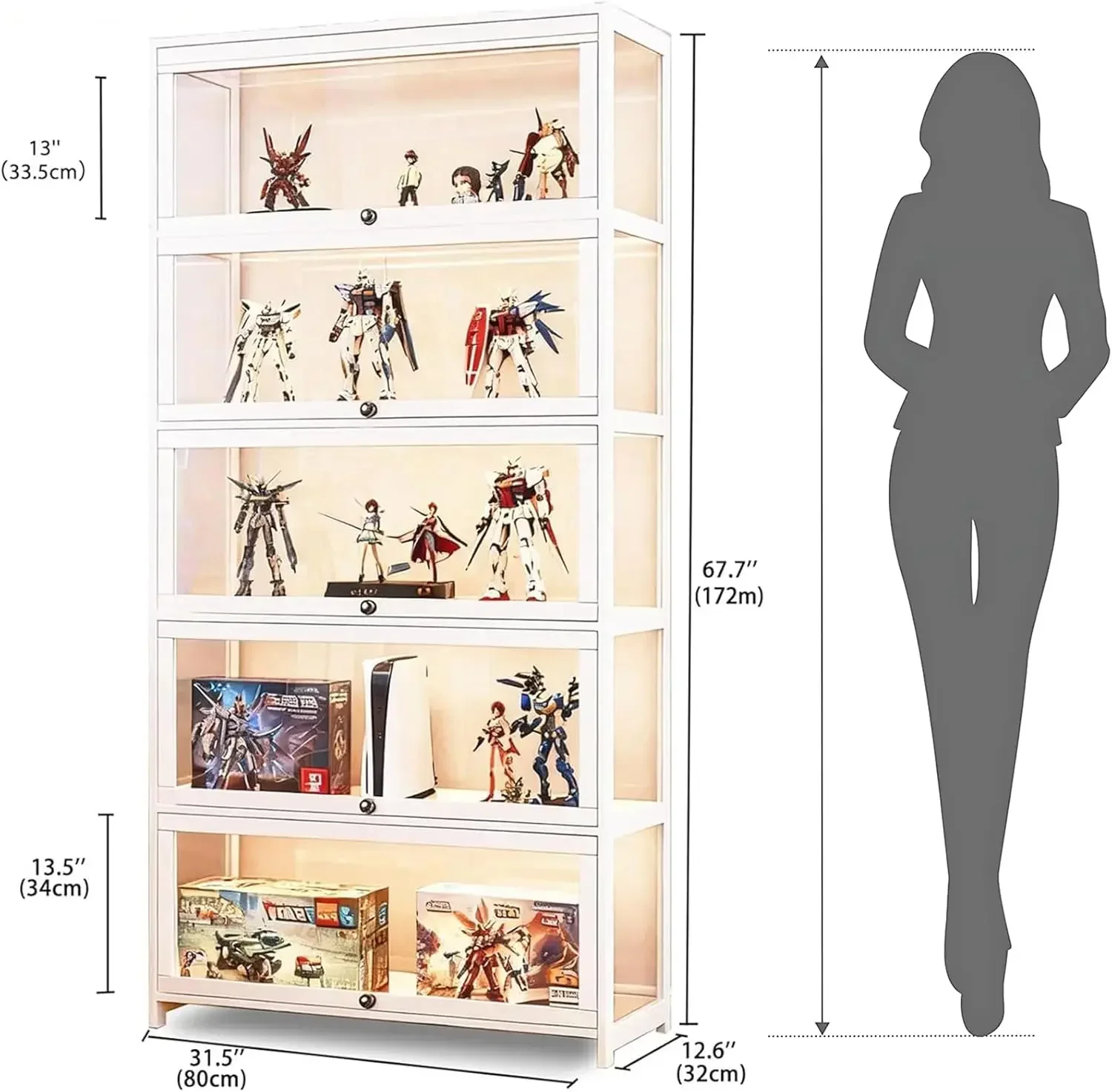 Display Cabinet with Acrylic Glass Door, 5-Tier Curio Display Case, Collectibles Toy Organizers Rack & Display Shelf, Kids Bookc