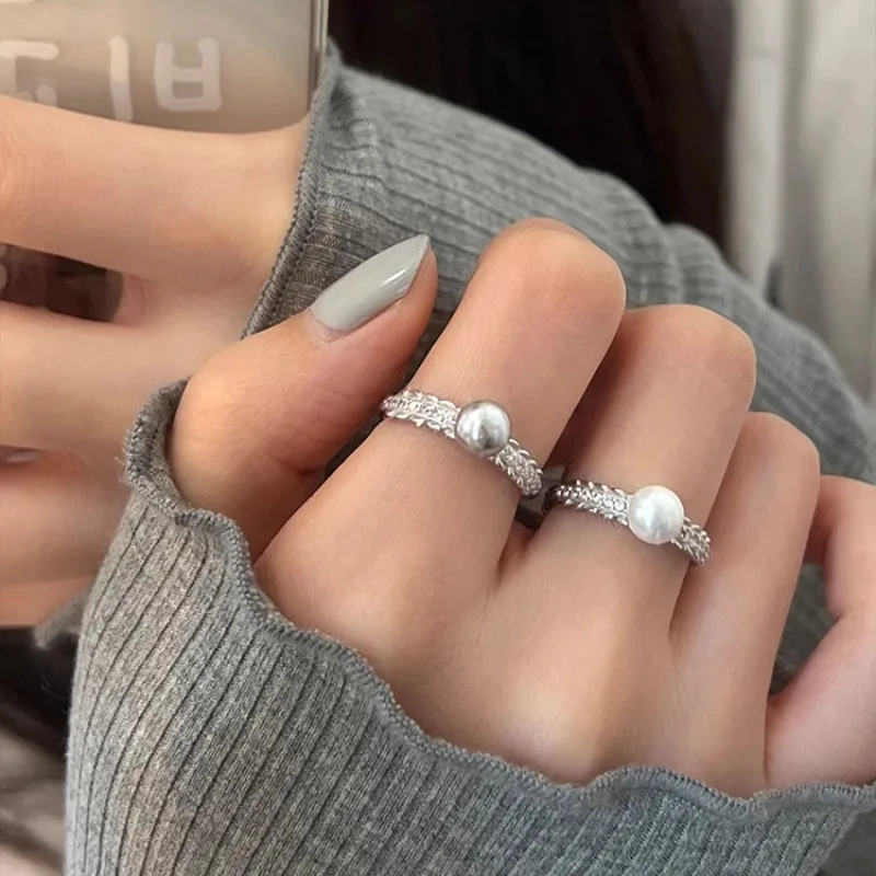 PANJBJ 925 Sterling Silve Pearl Ring for Women Girl Weave Texture Adjustable Temperament Versatile Jewelry Gift Dropshipping