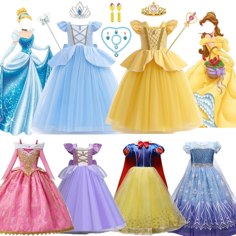 

Нарядное платье принцессы Золушки Рапунцель для девочек, костюм Эльзы на Хэллоуин, день рождения, косплей, Белль, Белоснежка, Аврора, Эльзы