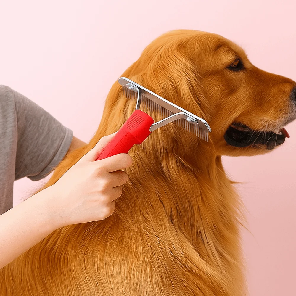 Peine para el pelo, peine de acero, rastrillo para el cuidado de mascotas, mango antideslizante de diente largo, rastrillo para perros, cepillo para desmostar gatos y perros