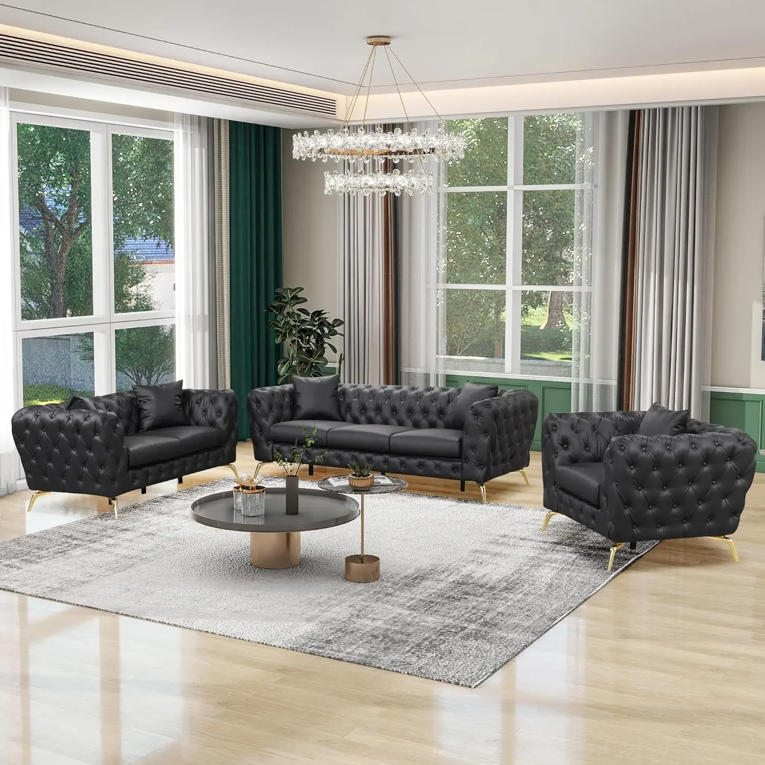 Modern Sofa Sets with Metal Legs, Button Tufted Back, PU Upholstered Couches Sets Including 3 Seat Sofa, Loveseat，Single Chair