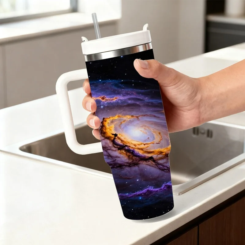 40Oz Stainless Steel Insulated Tumbler with Vibrant Spiral Galaxy Digital Print, Durable Hot And Cold Drink Container, Ideal for Daily Commute, Outdoor Driving And Office Beverage Use
