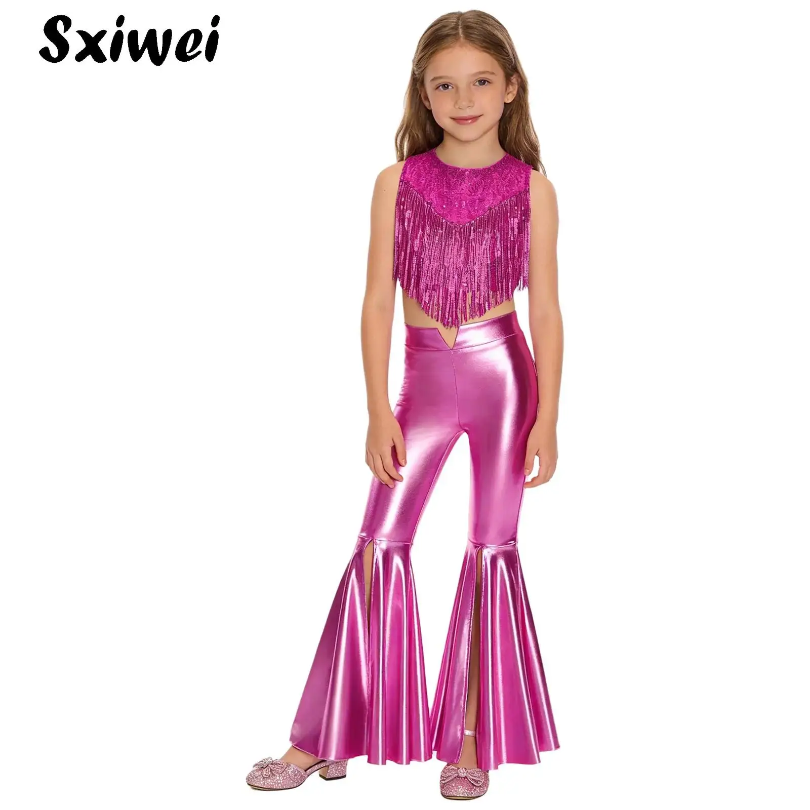 

Kids Girls Shiny Sequins 70S Disco Hippie Costume Jazz Pageant Set Metallic Sleeveless Tassels Crop Top with Bell-Bottom Pants