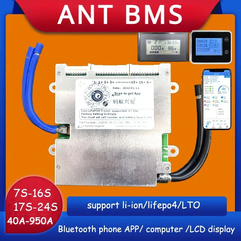 

7S To 16S 17S To 24S 8S 22S Ant BMS Lithium Battery Protection Board 72V 60V Li-ion Lifepo4 100A 950A 325A 20S Smart Bluetooth