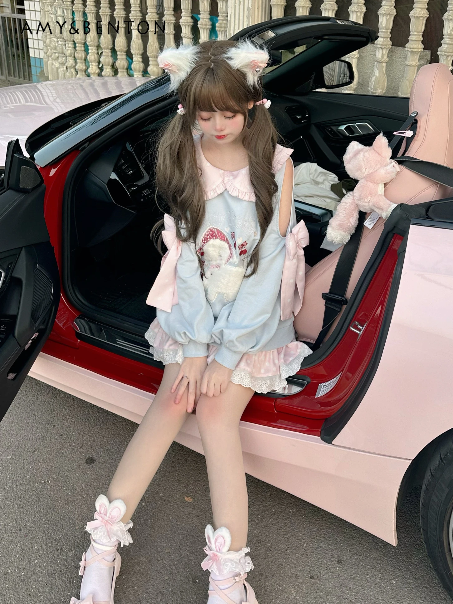 Original Spring New Sweet Cartoon Printed Cute Doll Collar Thin Hoodies Women Sexy Off-Shoulder Patchwork Oversized Sweatshirt