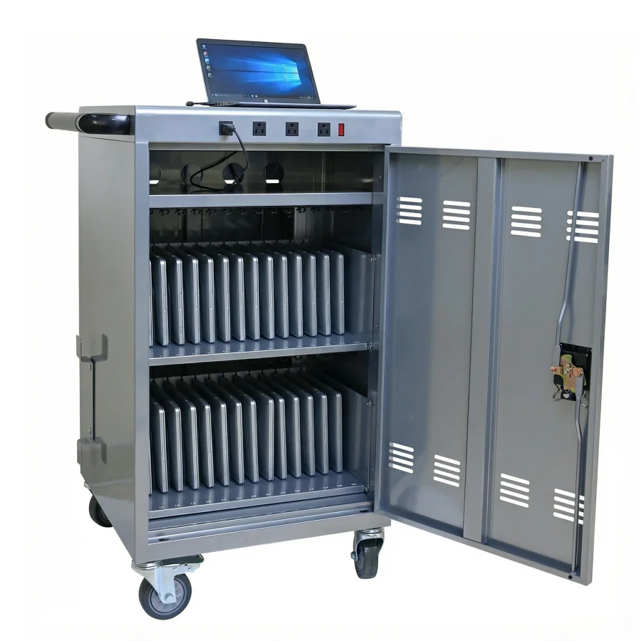 

Mobile Charging Cart and Cabinet for Tablets and Laptops, 35-Device Capacity, Silver Aluminum Alloy, Fast Charging with Safety