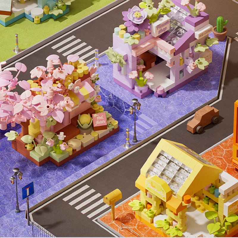 Viele Stile, Märchenstadt, Straße, Sonnenschein, Blumenhaus, Bausteine, Spielzeug, Traumblumenladen, architektonische Kinderornamente
