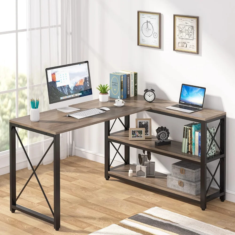 

Reversible Industrial L-Shaped Desk with Storage Shelves, Corner Computer Desk PC Laptop Study Table Workstation