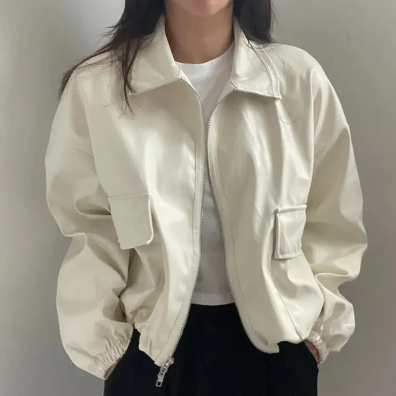 Sli Retro PU Leather Jaet Zipper Loose Fit Long Sve Turn-down Collar Biker Coat for Women Autumn Faion Outerwear