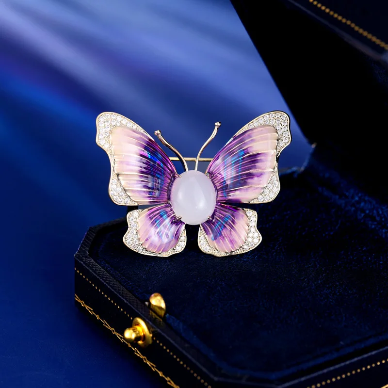 Chinese Style Enamel Gradient Purple Butterfly Brooch Crystal Paved Lucky Fortune Charm Lapel Pin For Cardigan Apparel Accessory