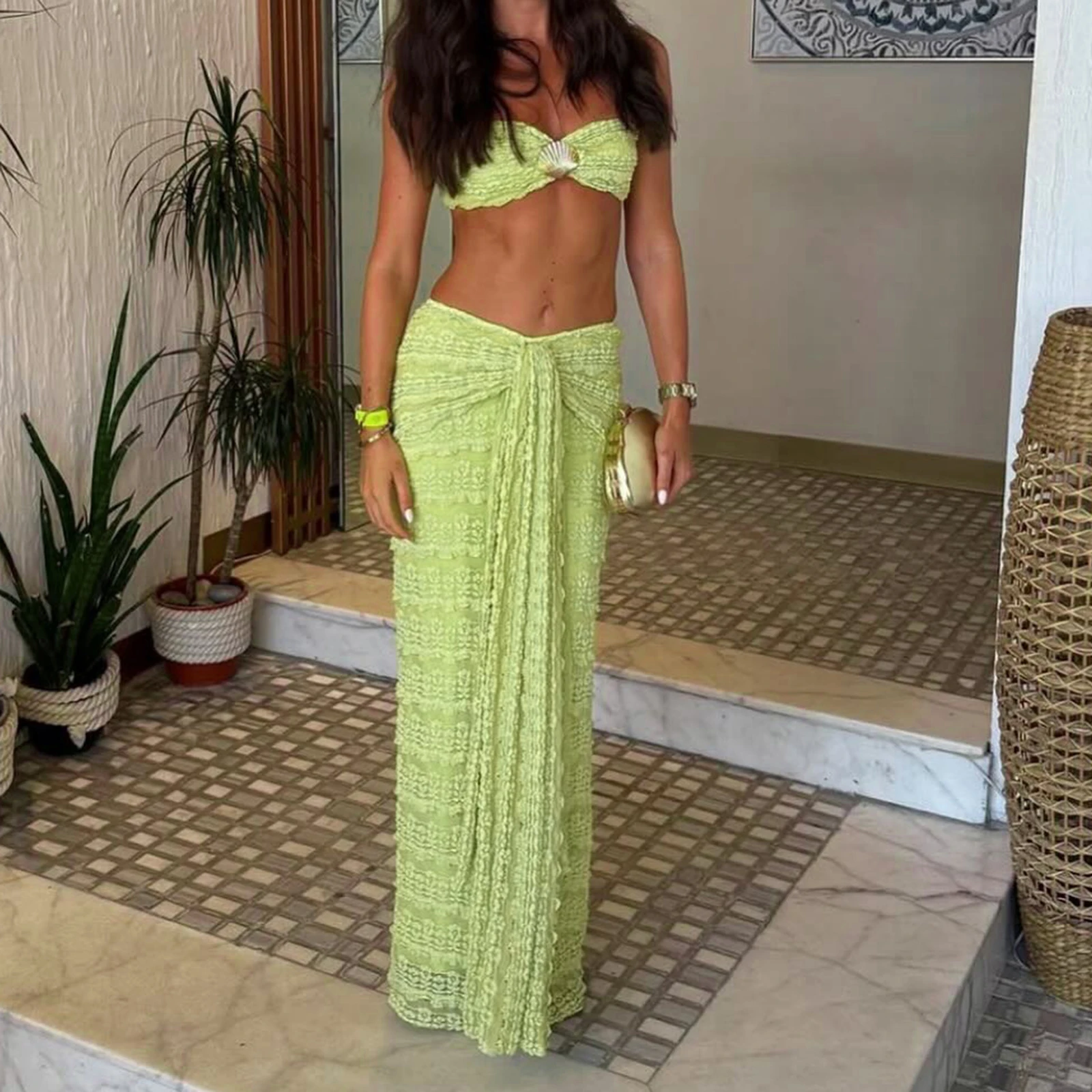 

Женские летние наряды с аппликацией, милые укороченные топы-бандо в виде ракушек и юбка с эластичным завязком спереди, комплект для уличной эстетичной одежды