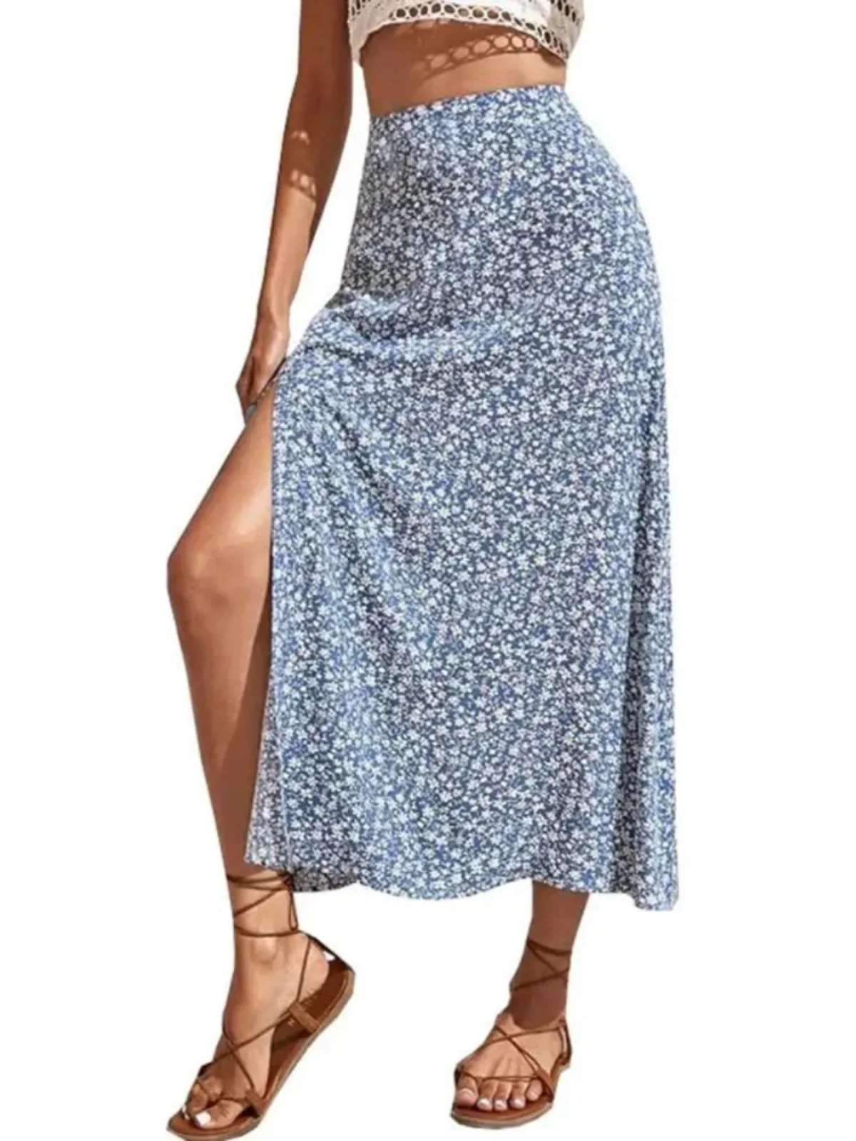 

Floral Print Asymmetrical High Waist Skirt Summer Street Sle Splice Decorated Line Polyester Material Midi A-Line Skirt