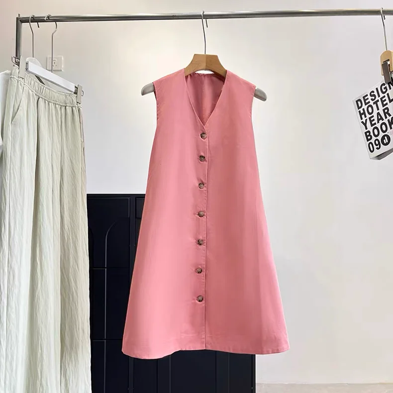 Vestido de Algodón Estilo Nórdico, Versión Estándar, Elegante para el Trabajo, Cuello en V, Falda Tipo Paraguas, Vestido de un Solo Botón para Mujer