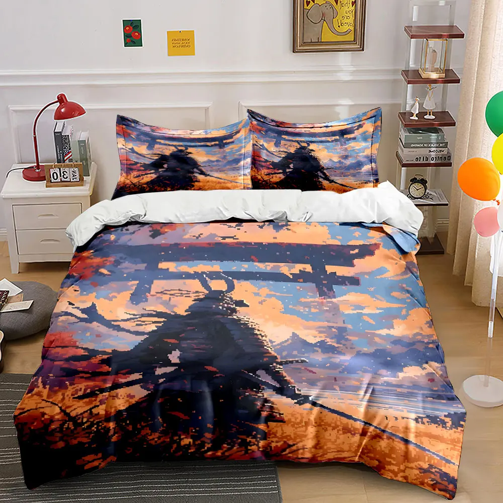 Samurai with Sunset Torii Background Bedding Set for Kids Luxury Gift 3pcs Digital Print Comforter Set Soft Comfortable