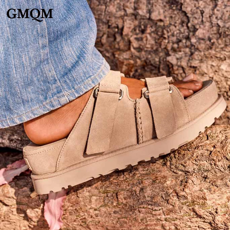 GMQM 2024 Summer Newest Women\'s Platform Sandals Thick Sole Buckle Leather Sandals  Open Toe Slippers Outside Walking Shoes