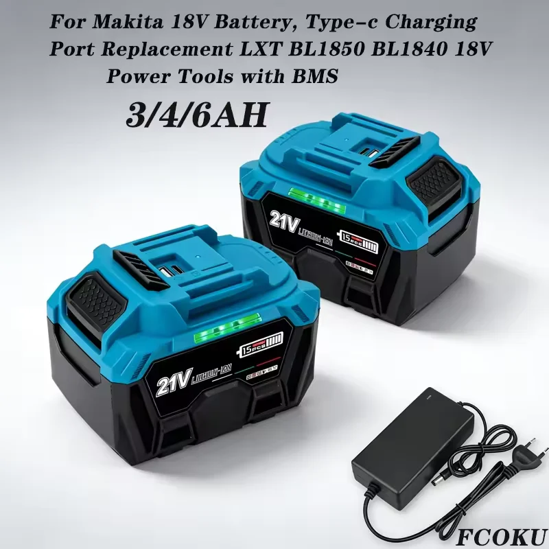 

18V 6.0Ah Li-ion Replacement Battery for Makita LXT BL1850 BL1840, 100% Original 21V Grade A Cell Type‑C Charging with BMS