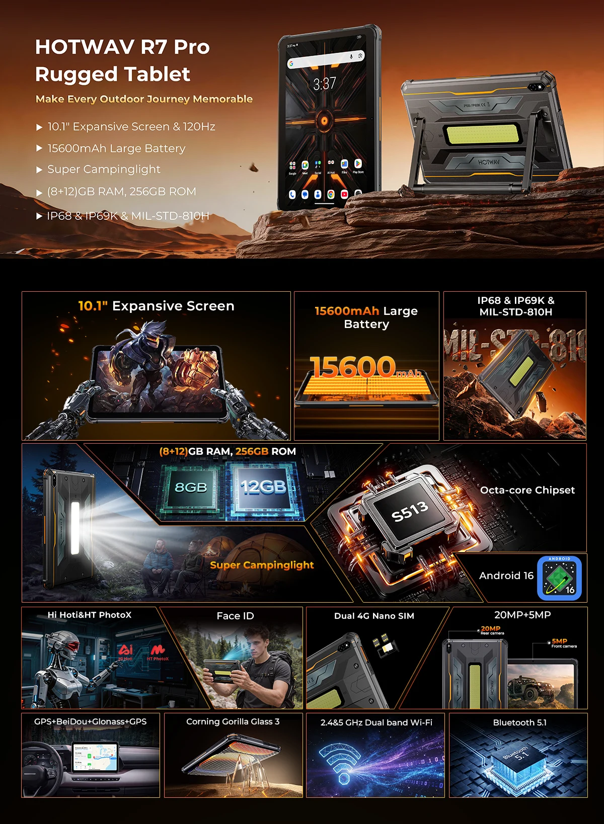 HOTWAV R7 Pro 10.1'' HD 120Hz Display 1080P Rugged Tablet 15600mAh Massive Battery 20W Fast Charging Android 16 Super Camping Light Pad 8GB RAM 256GB ROM 20MP + 5MP Camera Self-Developed AI Toolset Octa-core Tablet PC With Flexible Aluminum Stand