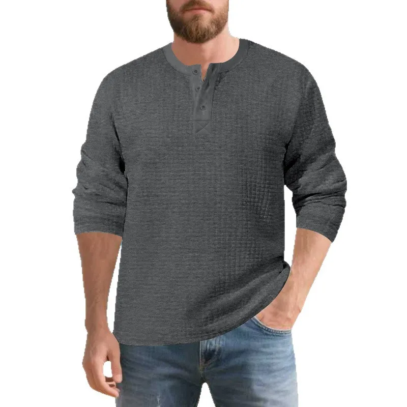 

American Autumn and Winter New Men's Loose Jacquard Textured Henry Shirt Retro Long-sleeved Pullover