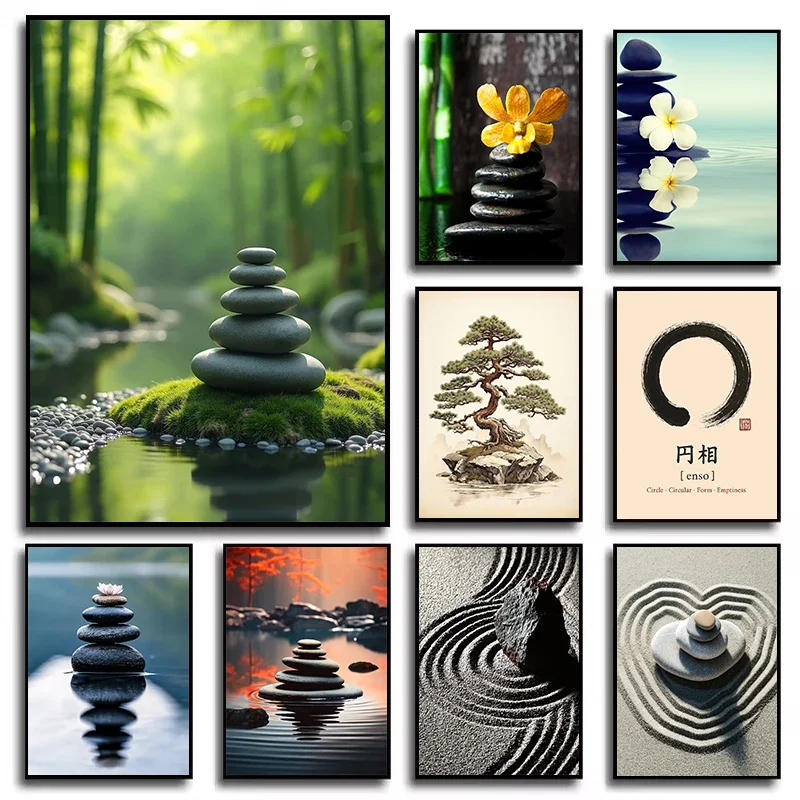 1pc frameless Canvas Painting Traditional Enso Zen Stones Sand Pine Tree Nature Landscape Poster Canvas Painting Wall Art Pictur