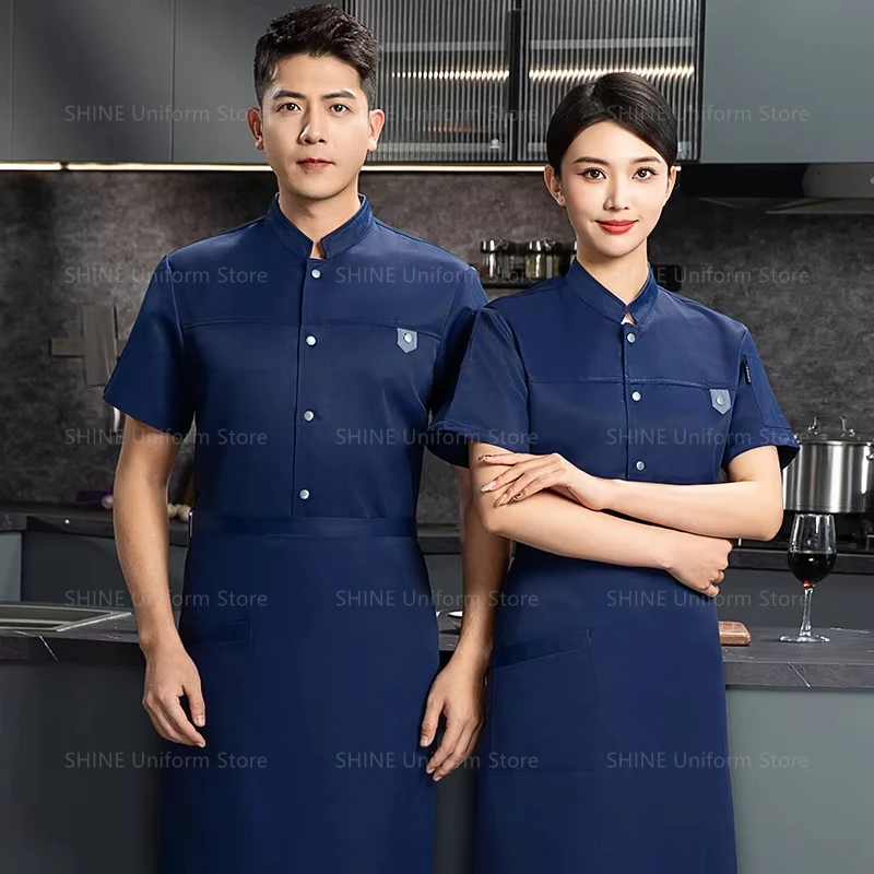 Sommer Chef Shorts Schwarz Chef Uniform Schürze Arbeit Kleidung Logo Männer Kurzarm Jacke Atmungsaktive Chef Mantel Restaurant Küche