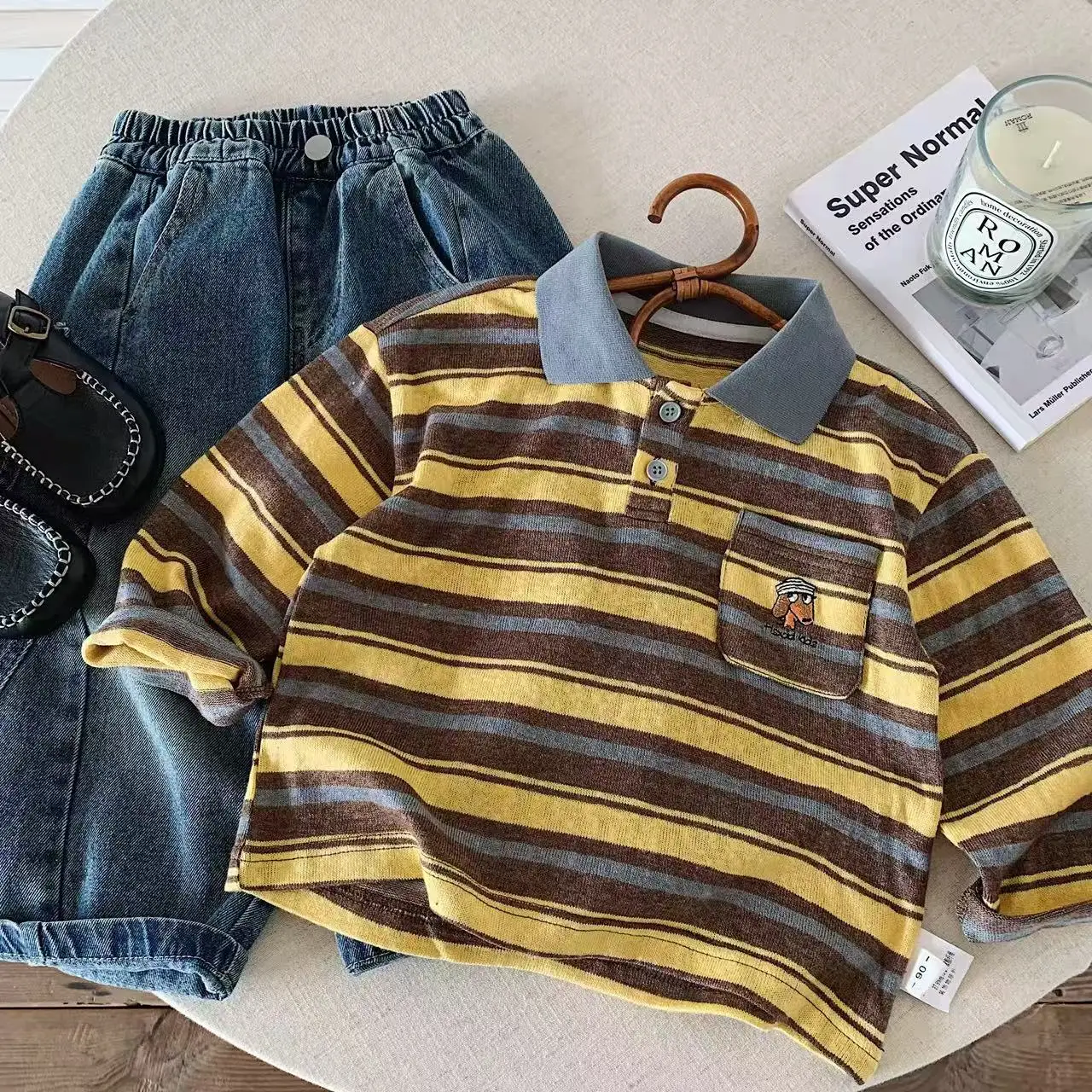 Frühling Herbst Neues gestreiftes Poloshirt für Kinder, Jungen und Mädchen, Oberteil mit Welpen-Tasche, Baby-Langarm-Basic-T-Shirt, modisch und gut aussehend – Detail 5