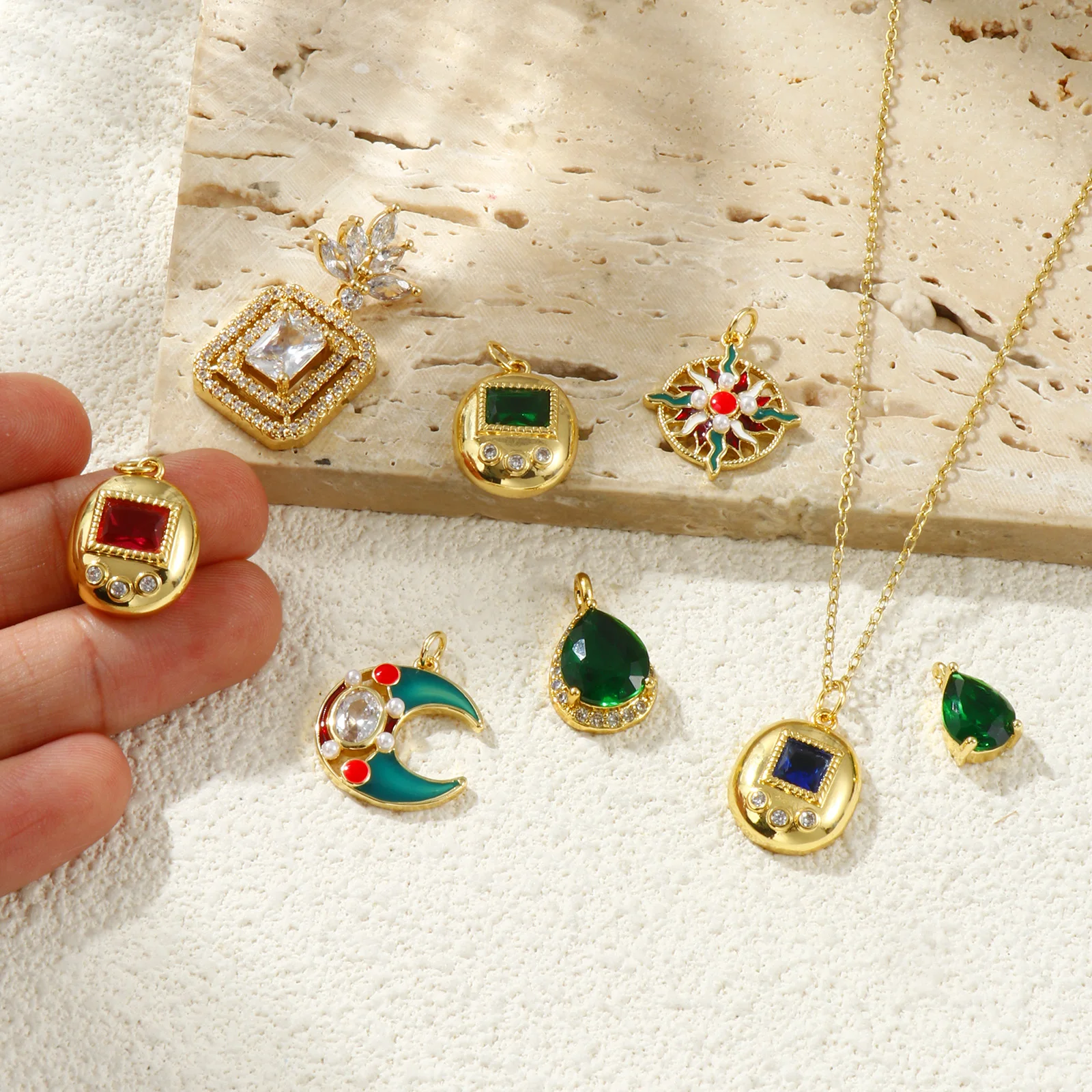1 Piece Cubic Zirconia Geometric Oval Rectangle Moon Brass 18K Gold Plated Pendant For DIY Necklace Jewelry Making Findings