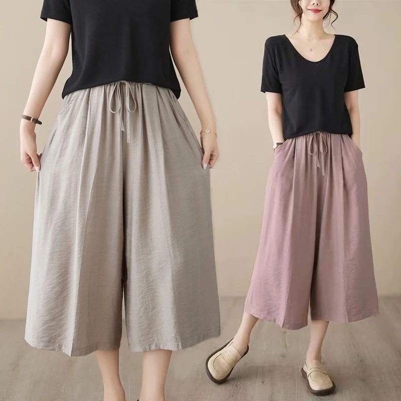 Losse wijde pijpen zeven voet katoen linnen plus size casual broek dames kleur string afslanken hoge taille woon-werkverkeer Sle