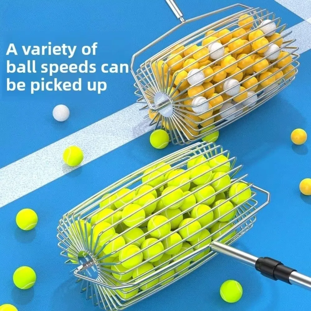 Stainless Steel Tennis Ball Picker Efficient Large Capacity Ball Retriever Tool Ergonomic Handle Portable Tennis Ball Hopper