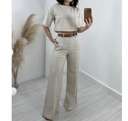 2 Piece Sets Womens Outfits Summer 2024 New Fashionable Short Sleeve Top and High Waist Wide Leg Suit Pants Suit Streetwear