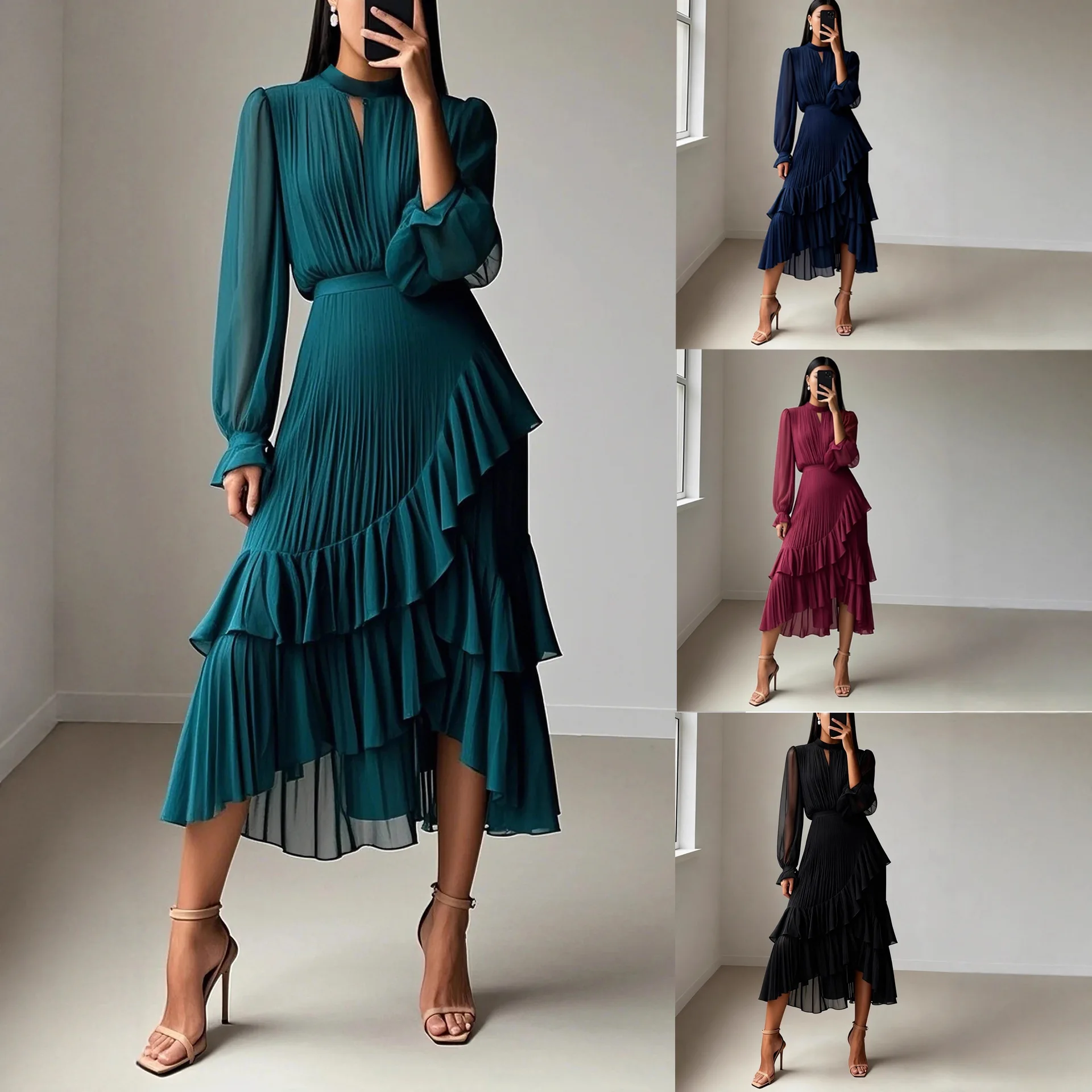 

Ele Pure Color Midi Dr Middle East Lace Trim Pleated Gown Women's Knitted Polyester Casual Long Sve Autumn Dr