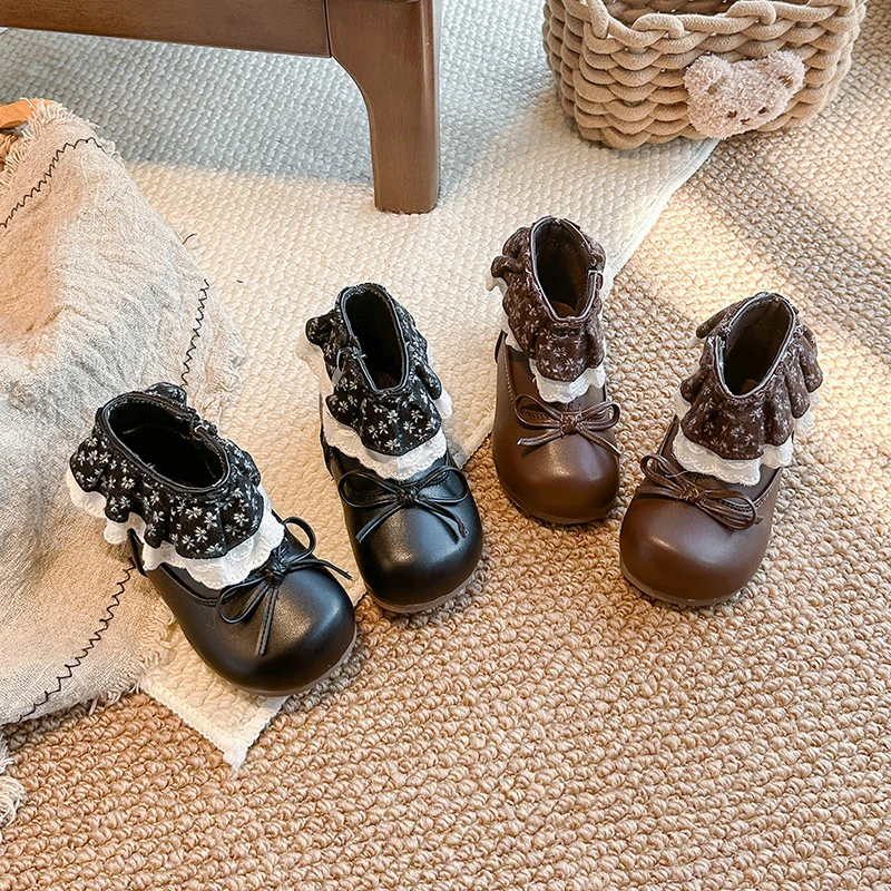 Girls Ankle Boots Sweet Floral Kids Short Boots Simple Bows Princess Style 2026 Autumn New Children Leather Boots Round Toes