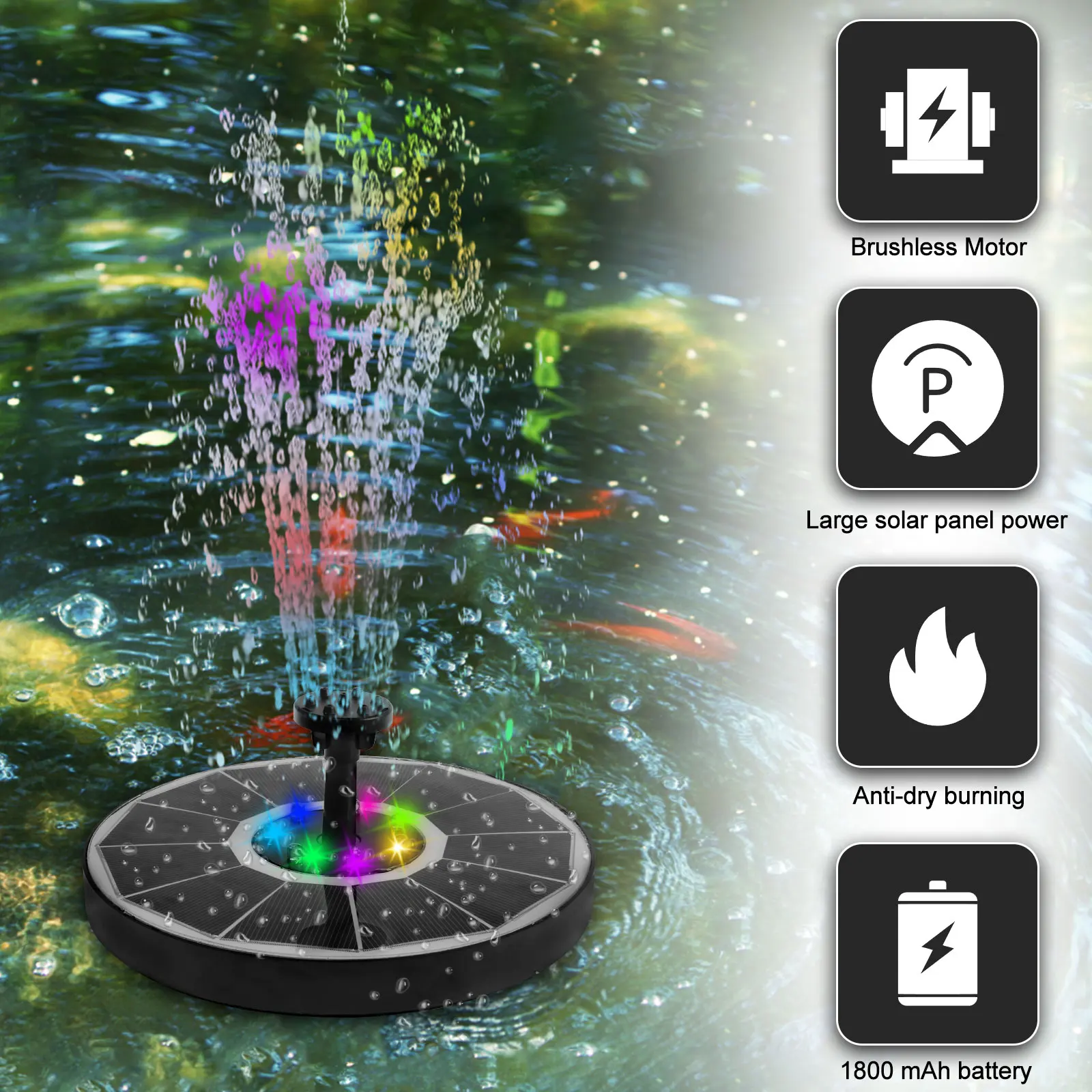 Color 7 LED Light Solar Fountain 2.5/3.5W 8 Nozzle Water Pump Outdoors Bird Bath Garden Floating DIY Cistern Auto Oxygenation