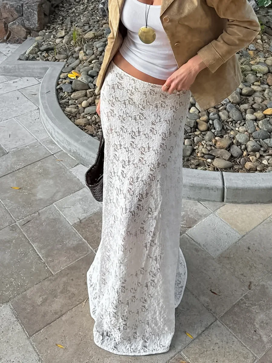 

Женская шикарная уличная одежда, белые жаккардовые юбки до щиколотки, кружевная юбка-миди, стильная повседневная юбка, женская одежда