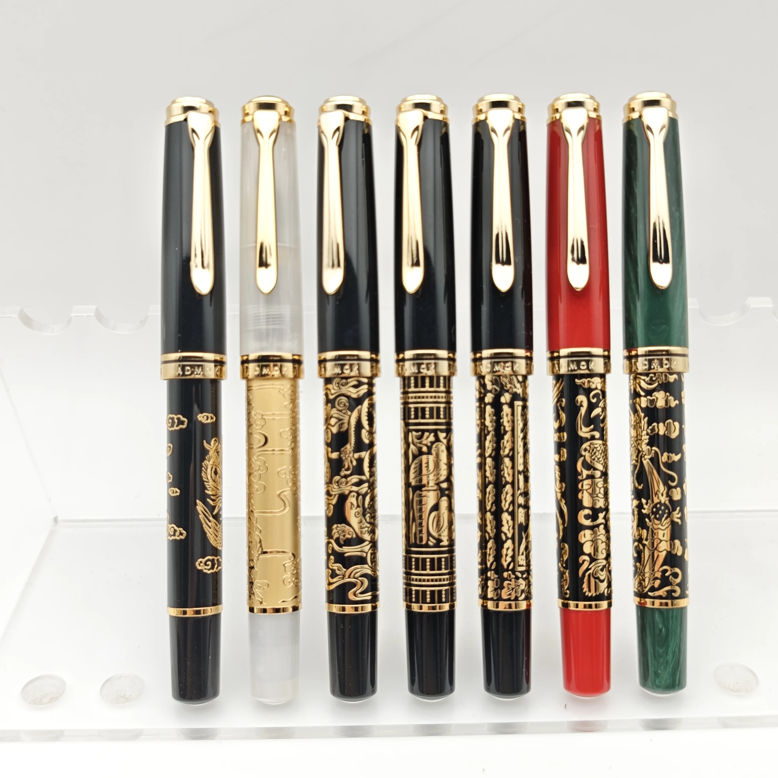 قلم حبر مكبس منحوت بدقة ADMOK M800 - مطلي بالذهب Dragon & Tiger عيار 24 قيراط، Bock Schmidt No.6 Nib، هدية أعمال Elite