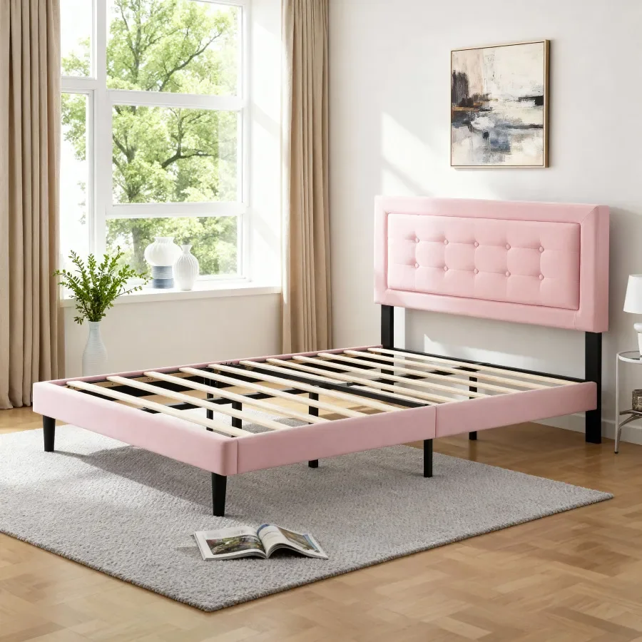 Full Size Upholstered Platform Bed Frame with Wood Slats Support, Pink Mattress Support