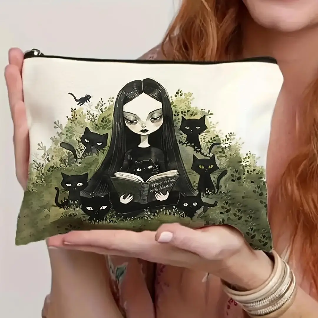 고딕 스타일의 책과 검은 고양이 화장품 가방 - 다기능 지퍼 파우치, 보석 보관 가방, 완벽한 여행용 지퍼 소형 가방