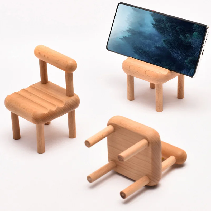 

New Cute Chair Shape Adjustable Solid Wood Cell Racks Desk Stand Holder for Mobile Phone Tablet PC E-reader Home Accessories