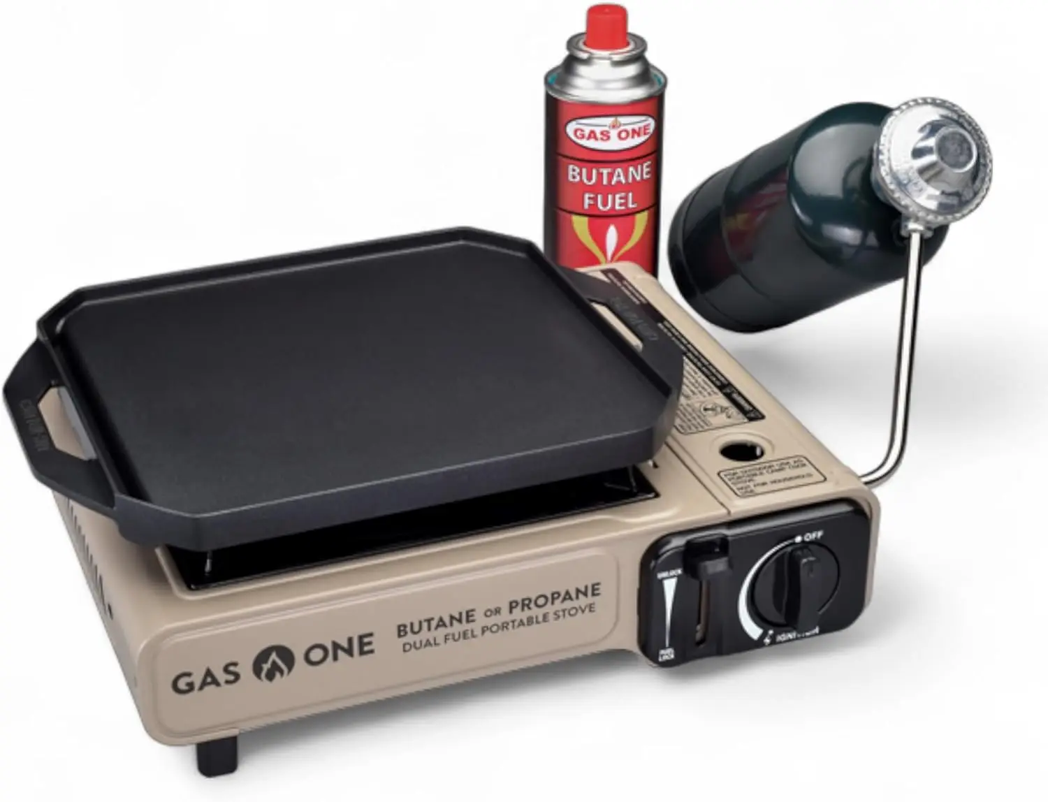 

Dual Fuel Camping Stove with Nonstick Griddle – Propane Butane Portable Grill for Outdoor Cooking, Tent Kitchen, RV