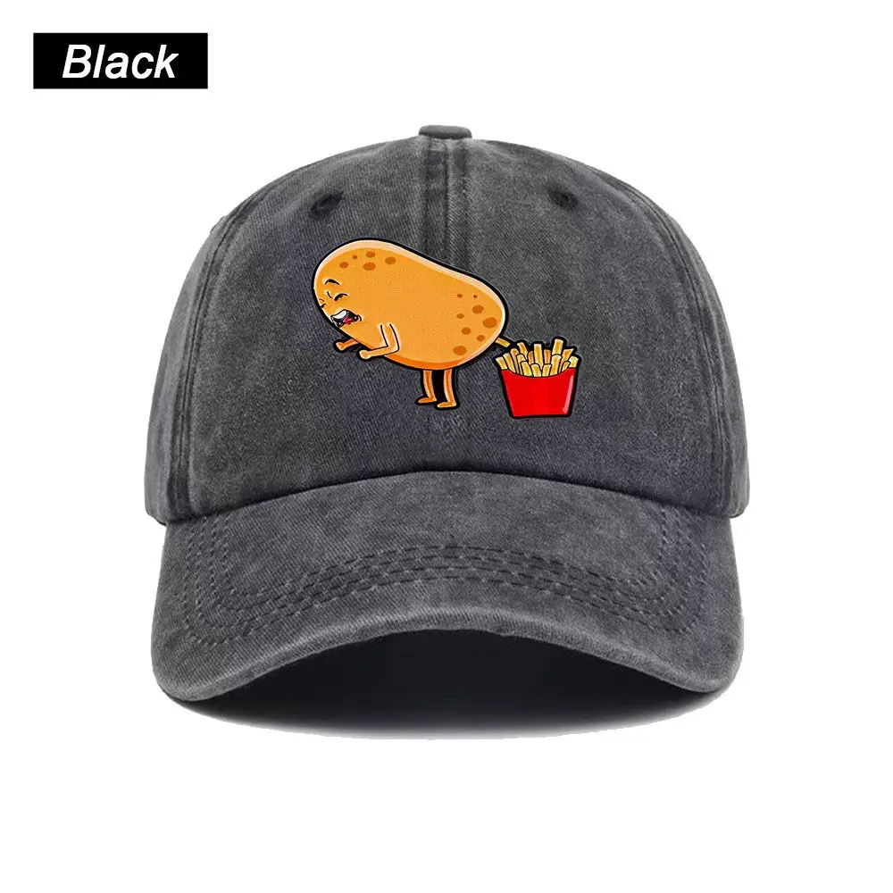 Vintage Washed Baseball Cap Funny Potato Fries Print Graphic Unisex Streetwear Casual Trucker Style Summer Cotton Sun Hat