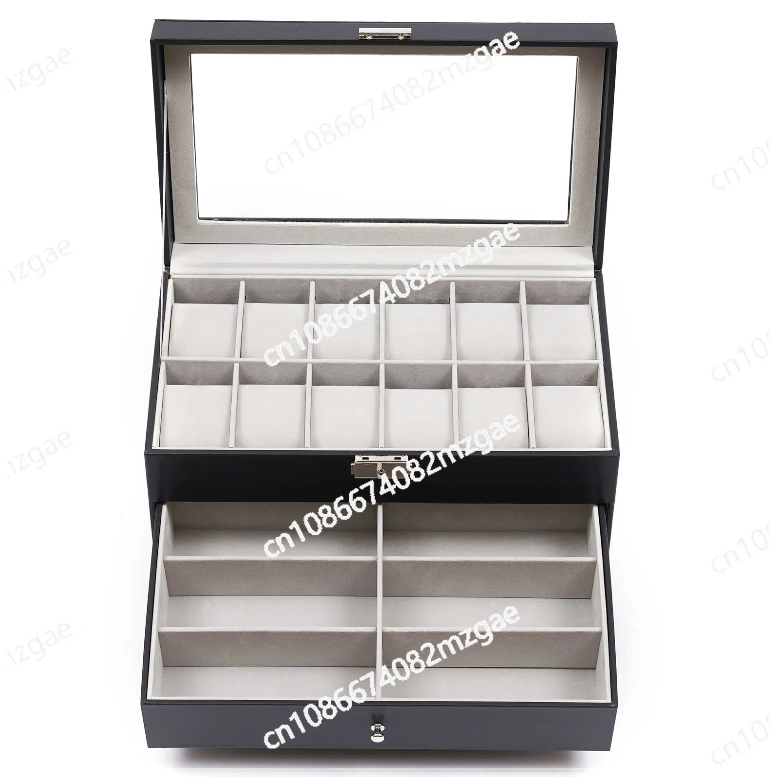 3 Layer Black Leather Watch And Eyeglasses&Sunglasses Box With Jewelry Display Drawer Metal Buckle Case Organizer
