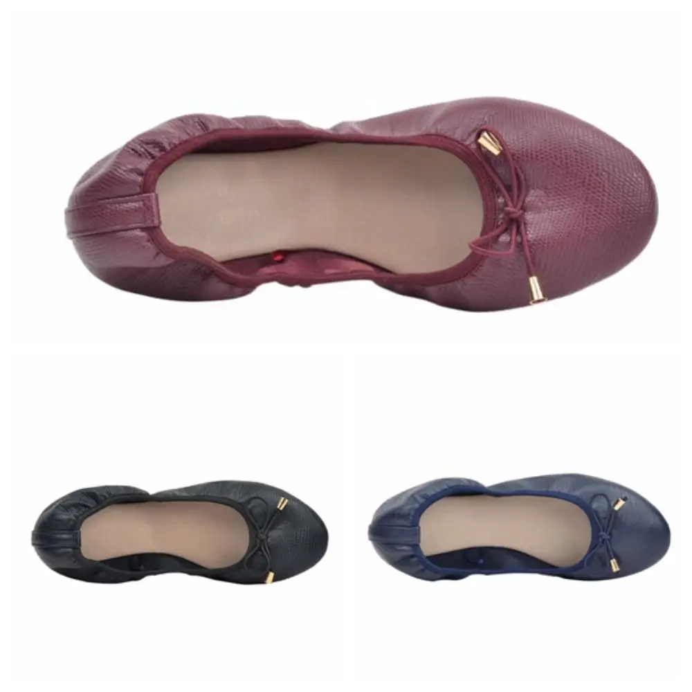Fashion Shallow Mouth PU Ballet Shoes Bowknot Lightweight Soft Sole Flat Shoes Thread Foldable Chicken Rolls Dance Shoes Yoga