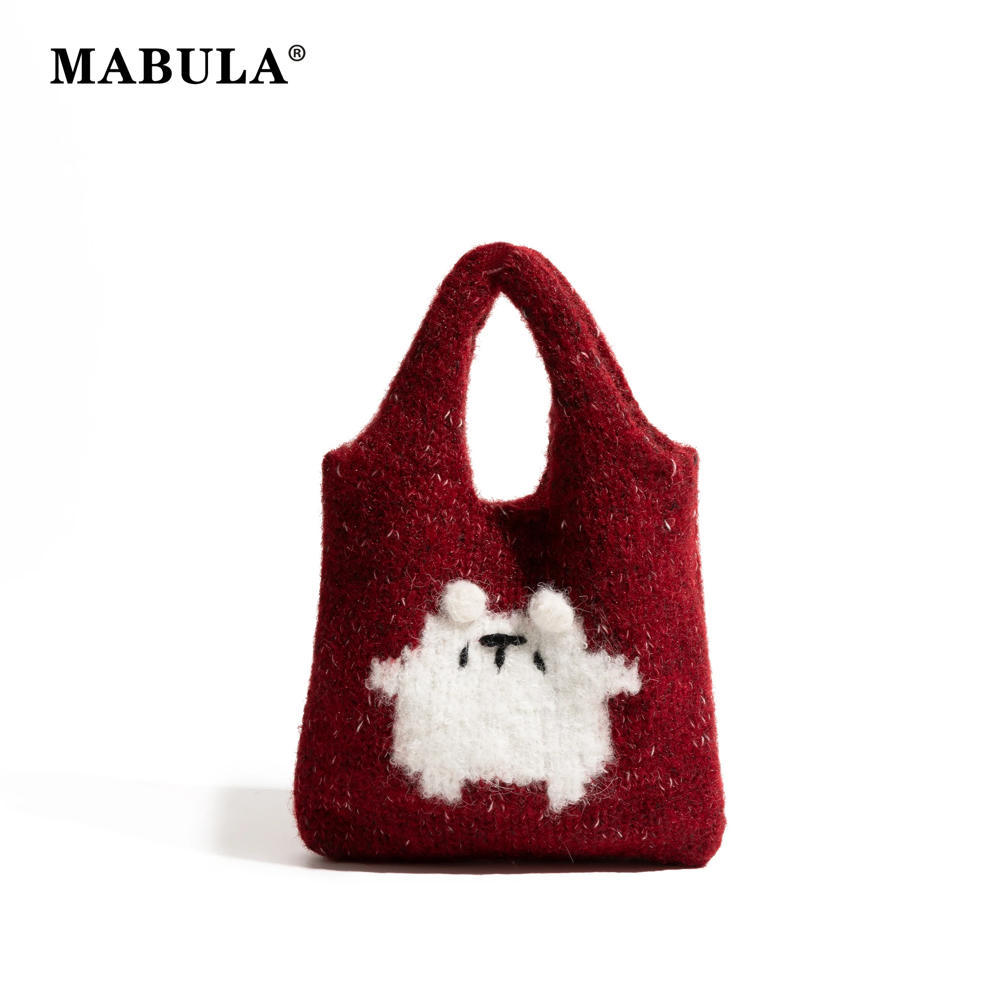 

MABULA Knitted Woolen Hobo Handbag Bird Pattern Print Simple Casual Clutch Bag Solid Color Stylish Women's Daily Phone Purse