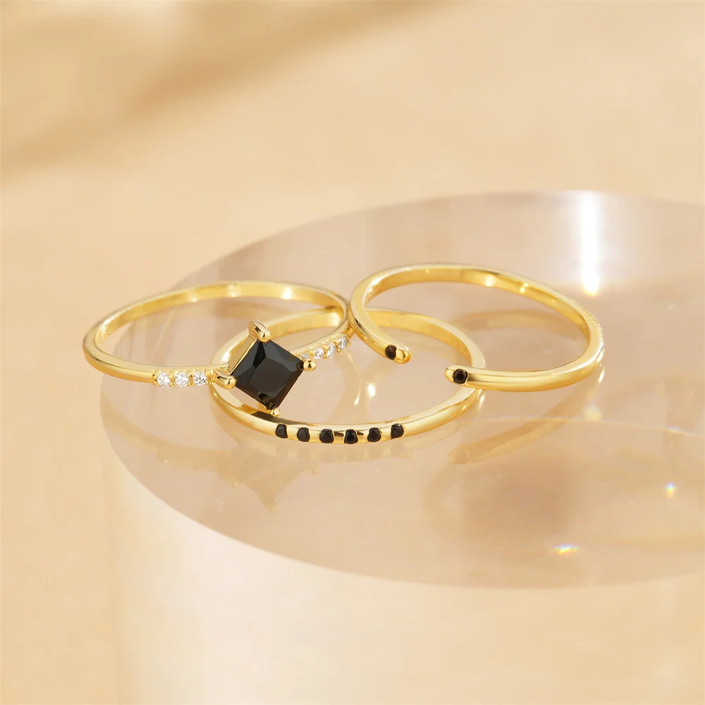 Aide 3Pcs Real 925 Silver Rings For Women Plain Circle Black Rhombus Zircon 18K Gold Plated Luxury Jewelry Personality gifts