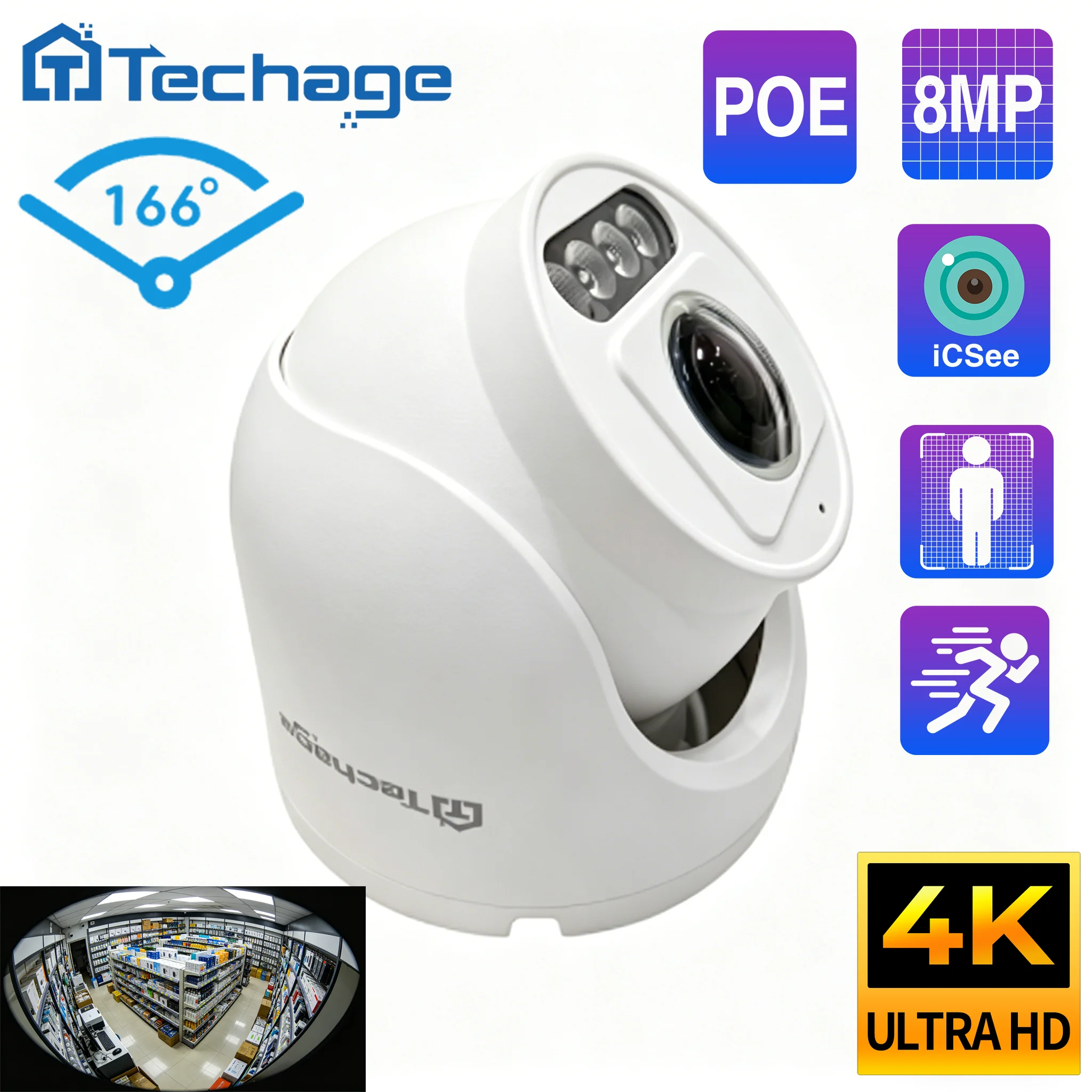 

Широкоугольная 4K PoE IP-камера Techage с объективом 1.7 мм, панорамным углом обзора 165 градусов («рыбий глаз»), обнаружением человека, 8 МП, аудио, P2P, для видеонаблюдения