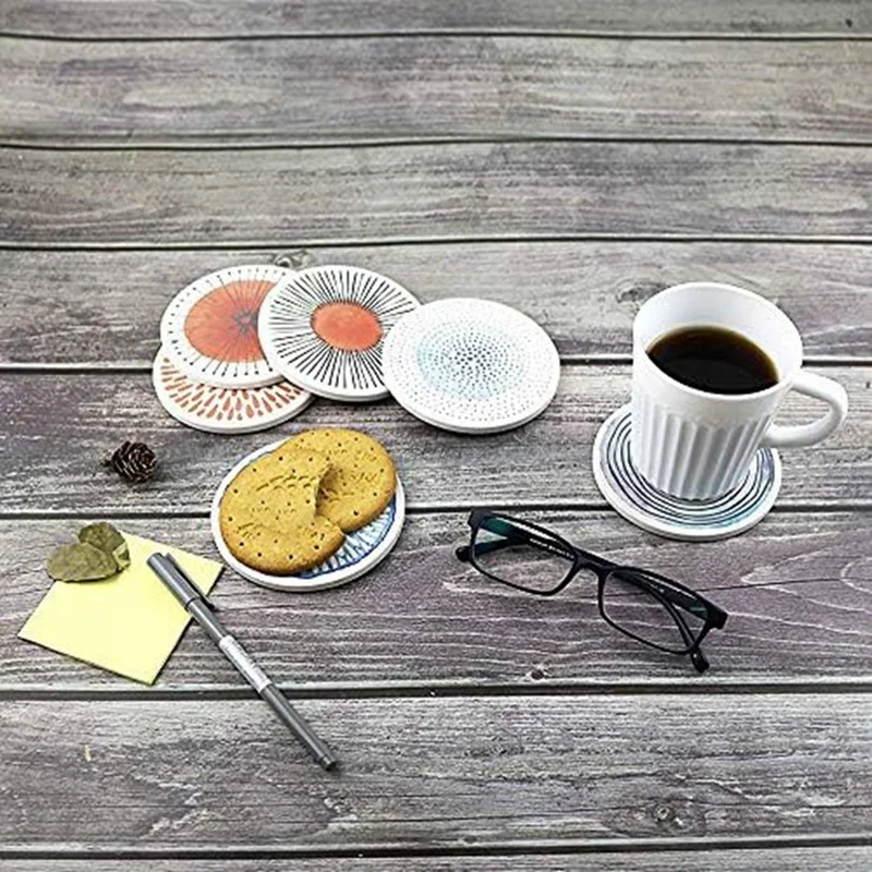 Set Of 6 Coasters For Drinks Absorbing Round Ceramic Stone Coaster With Cork Base Tabletop Protection Mat Durable