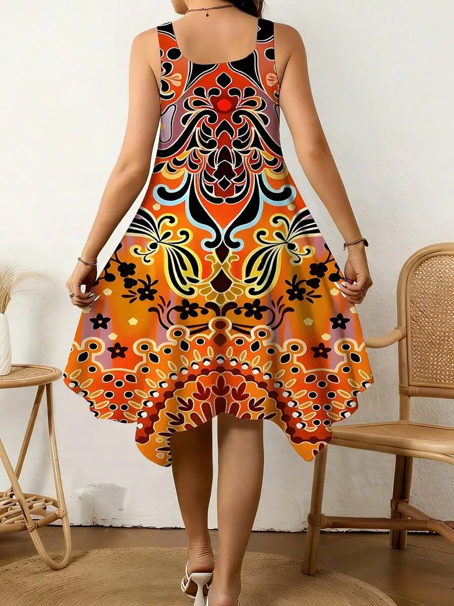 

Mandala Print Womens V-Neck Casual Dress With Asymmetrical Hem, Summer Boho Beach Style Outfit