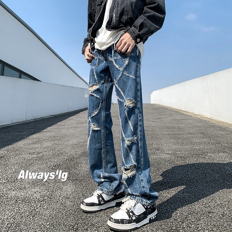 

Модные мужские джинсы прямого кроя в стиле High Street для весны и осени, зауженные, с эффектом потертости, в американском стиле, молодежные